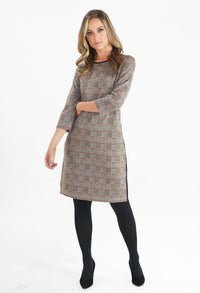 Beige Checked Dress with Side Stripe