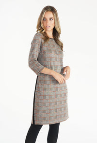 Beige Checked Dress with Side Stripe