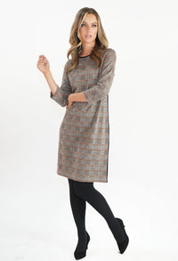 Beige Checked Dress with Side Stripe