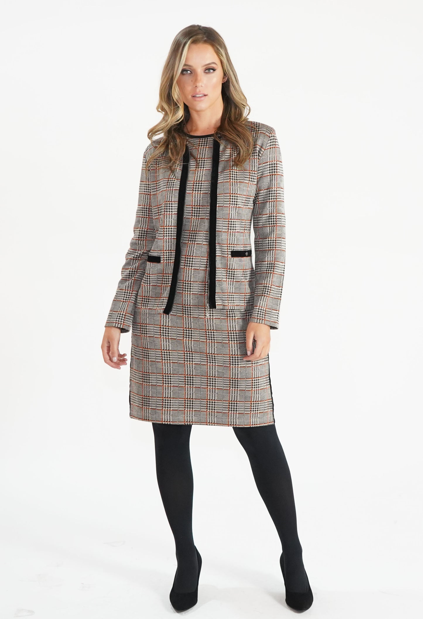 Beige Checked Jacket with Velvet Zip and Pocket Detail