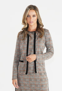 Beige Checked Jacket with Velvet Zip and Pocket Detail