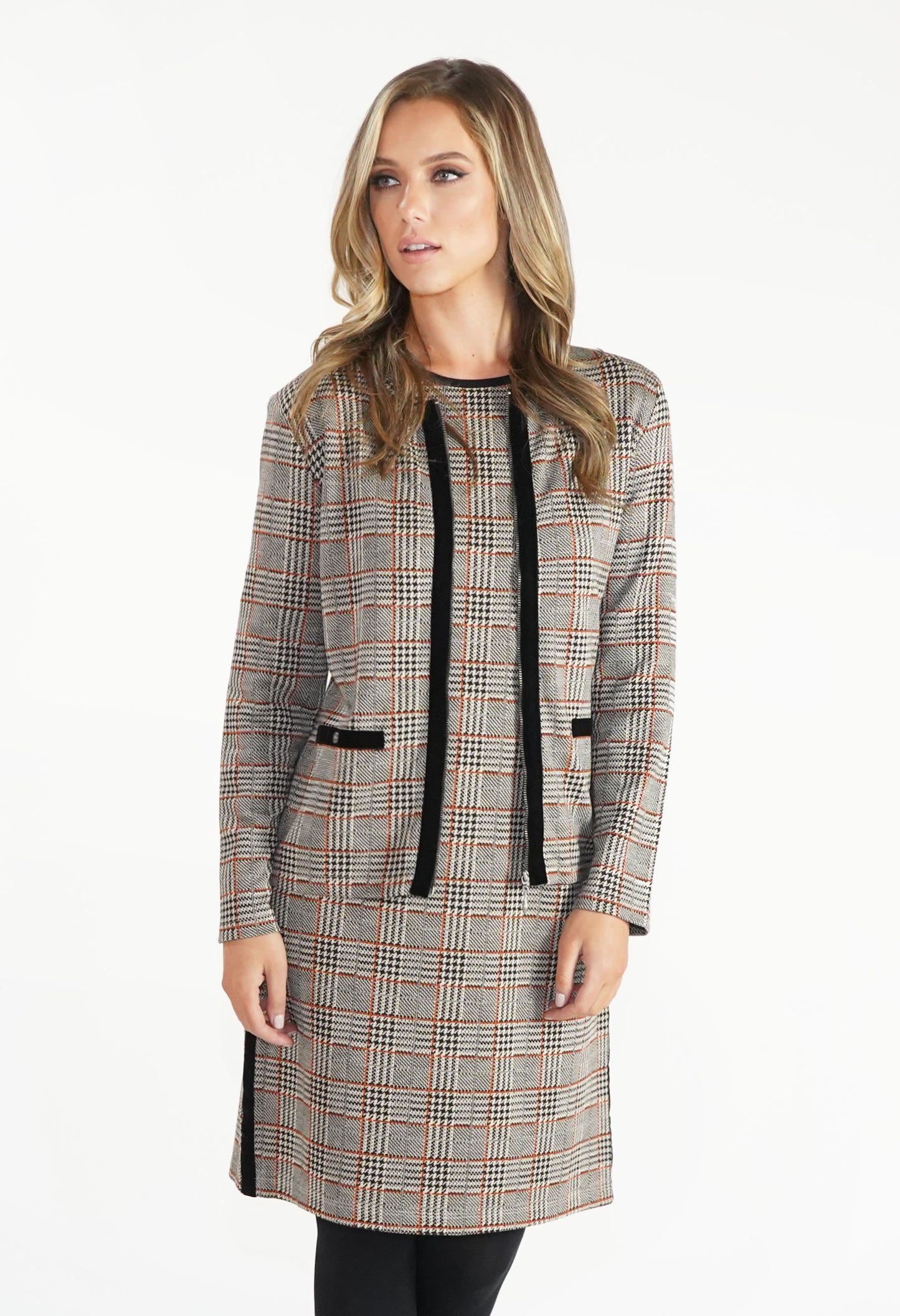 Beige Checked Jacket with Velvet Zip and Pocket Detail