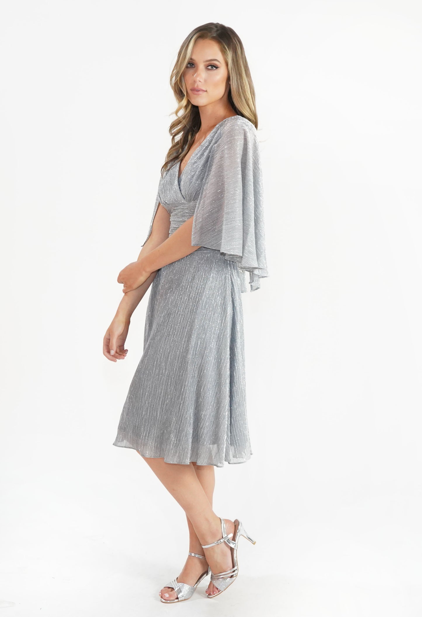 Silver Metallic Cape Effect Dress