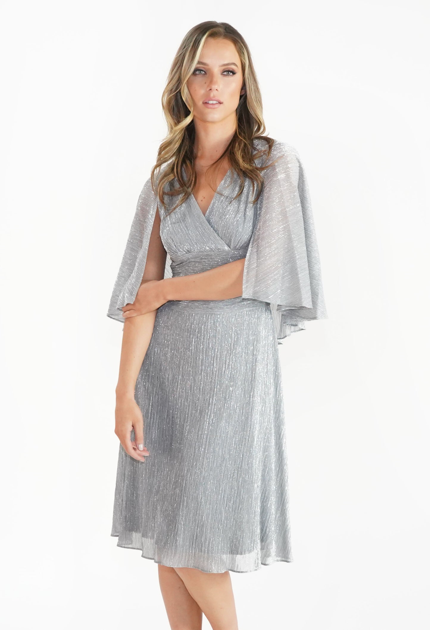 Silver Metallic Cape Effect Dress