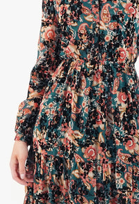 Green/Orange Floral Dress With Velvet Detail