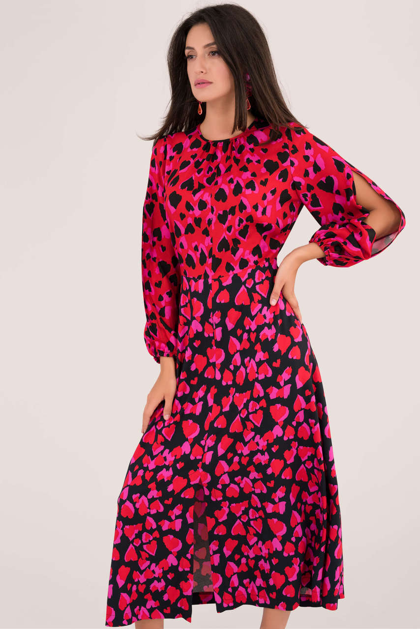 RED HEART PRINT PUFF SLEEVE MIDI DRESS