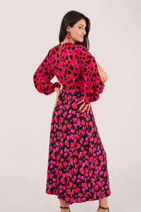 RED HEART PRINT PUFF SLEEVE MIDI DRESS