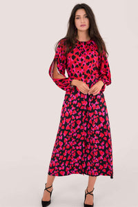 RED HEART PRINT PUFF SLEEVE MIDI DRESS