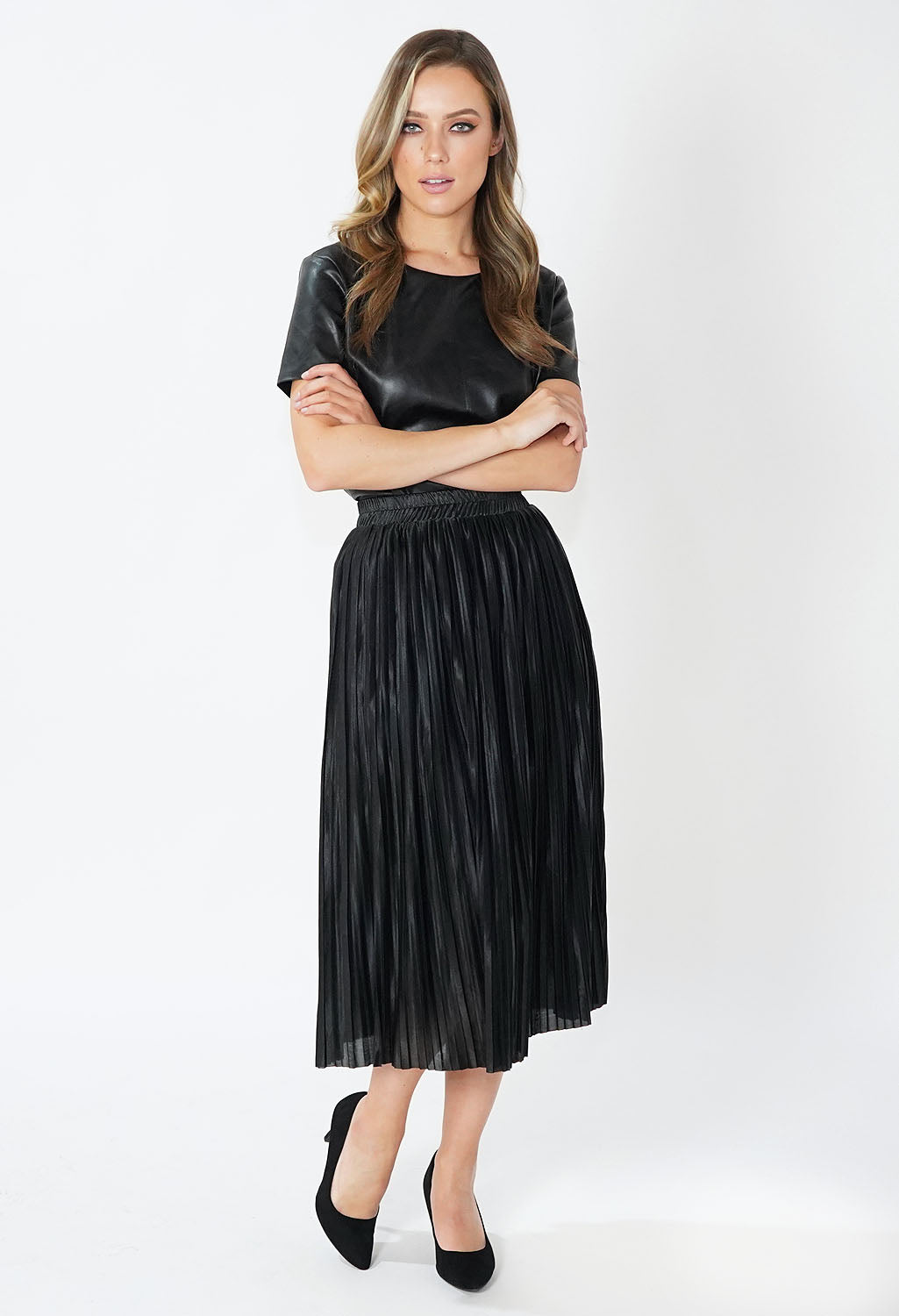 Black Satin Pleated Skirt