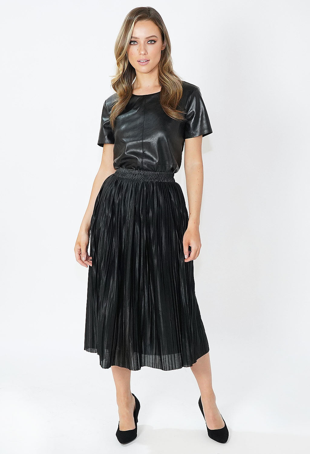 Black Satin Pleated Skirt