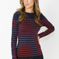 Navy and Red Striped Top with Button Sleeve Detail