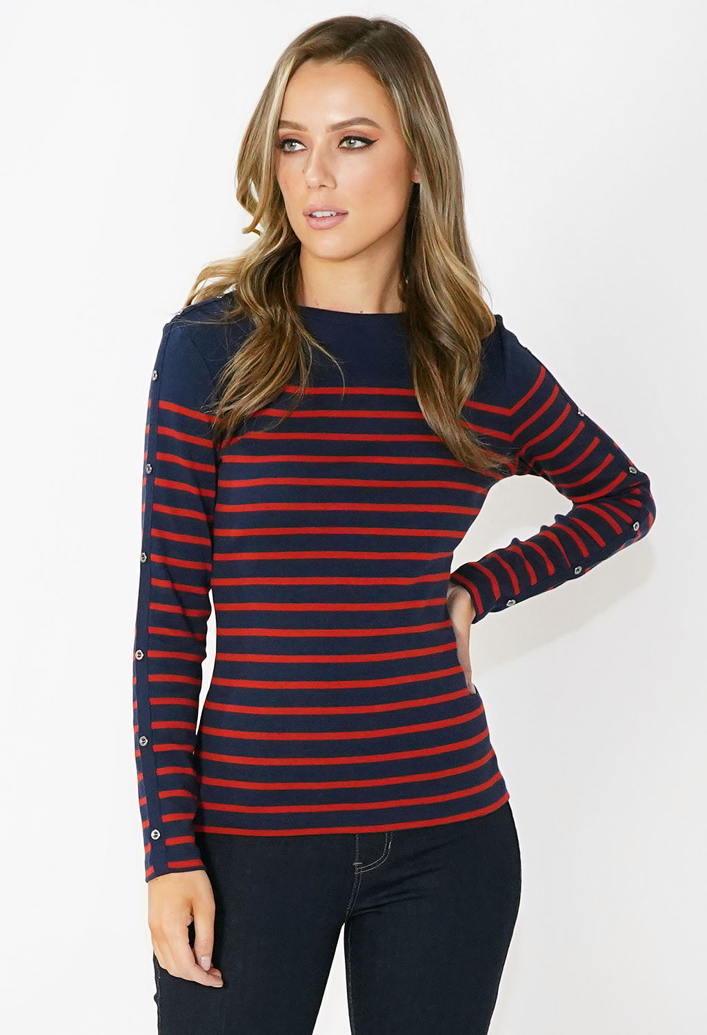 Navy and Red Striped Top with Button Sleeve Detail