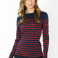 Navy and Red Striped Top with Button Sleeve Detail