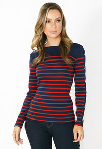 Navy and Red Striped Top with Button Sleeve Detail