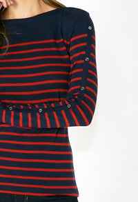 Navy and Red Striped Top with Button Sleeve Detail