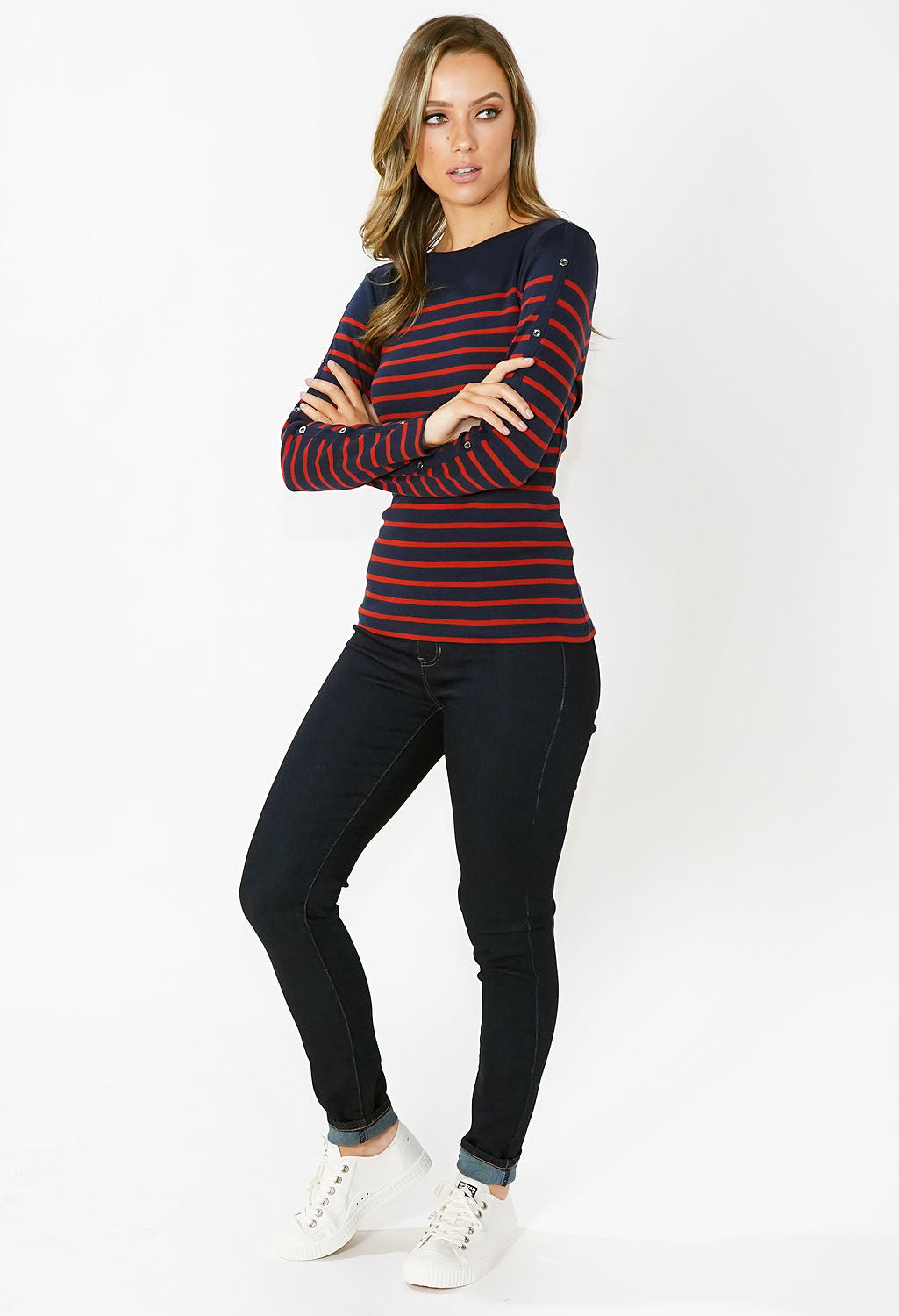 Navy and Red Striped Top with Button Sleeve Detail