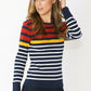 Navy and Rust Striped Cotton Top with Button Shoulder Detail