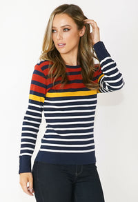 Navy and Rust Striped Cotton Top with Button Shoulder Detail