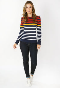 Navy and Rust Striped Cotton Top with Button Shoulder Detail