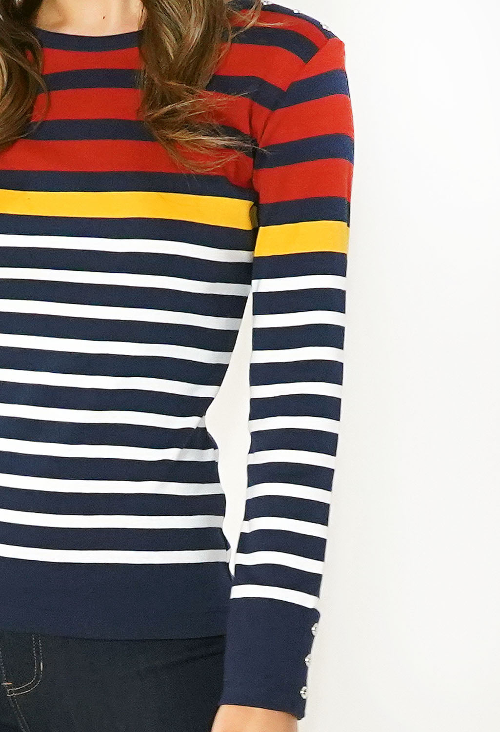 Navy and Rust Striped Cotton Top with Button Shoulder Detail