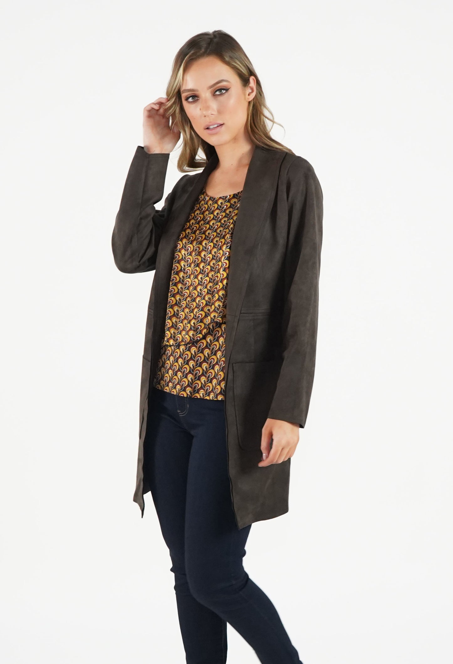 Brown Suede Effect Long Line Jacket