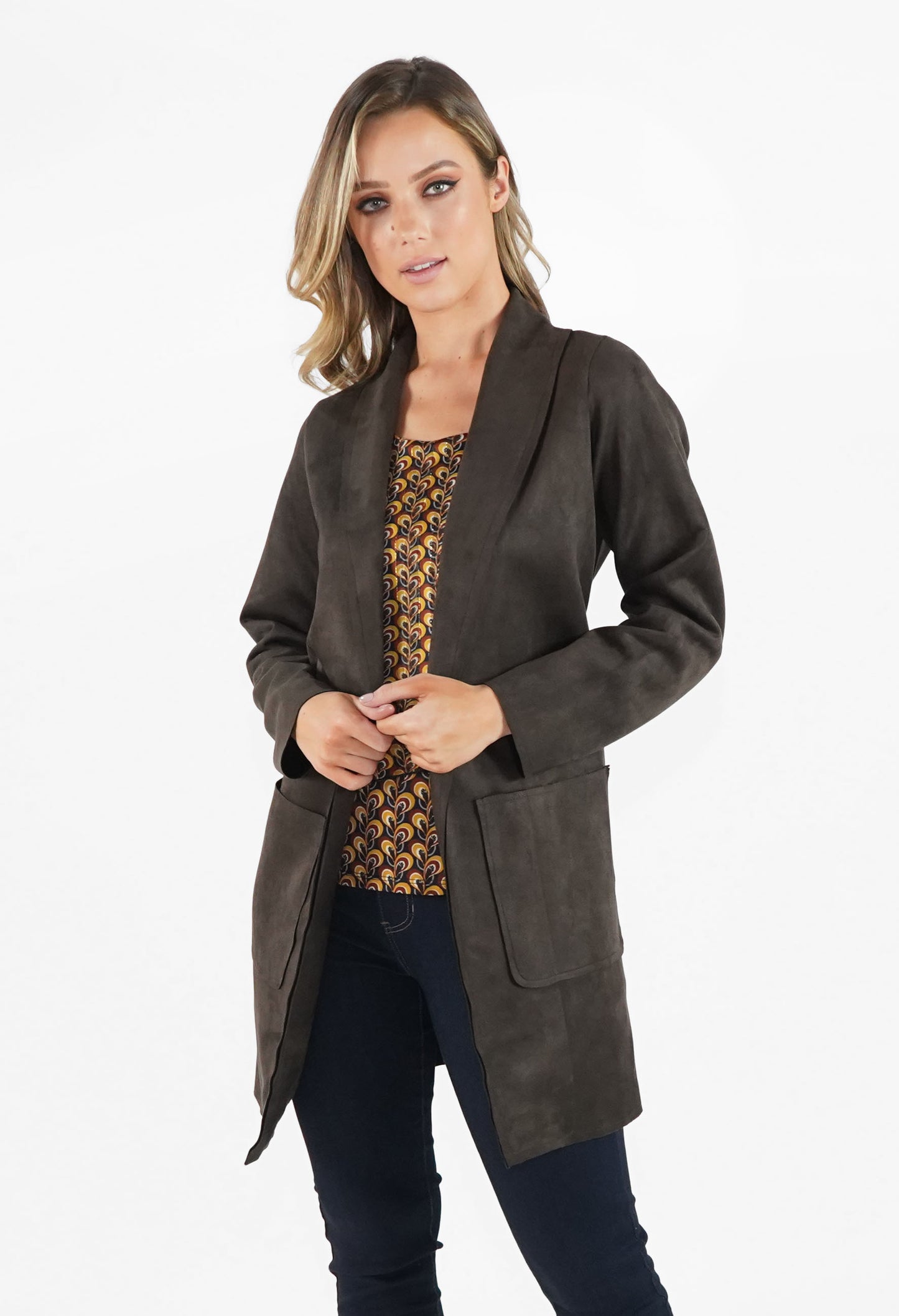 Brown Suede Effect Long Line Jacket