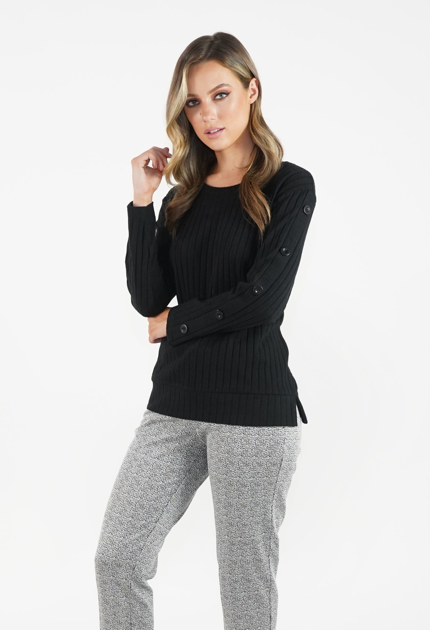 Black Ribbed Button Sleeve Top