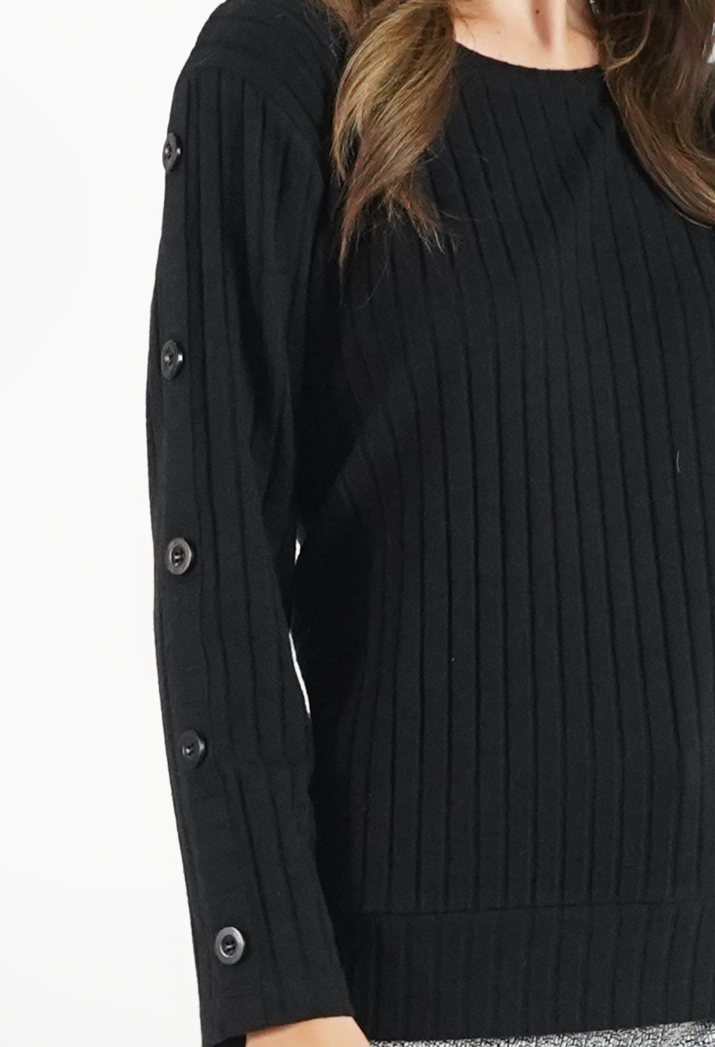 Black Ribbed Button Sleeve Top