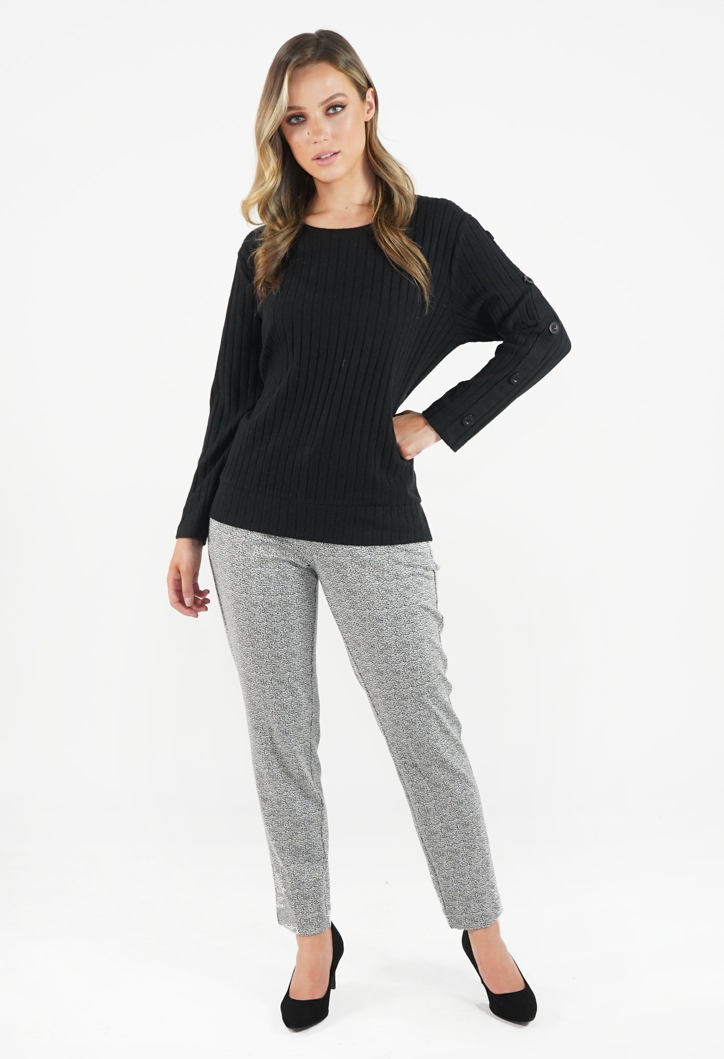 Black Ribbed Button Sleeve Top