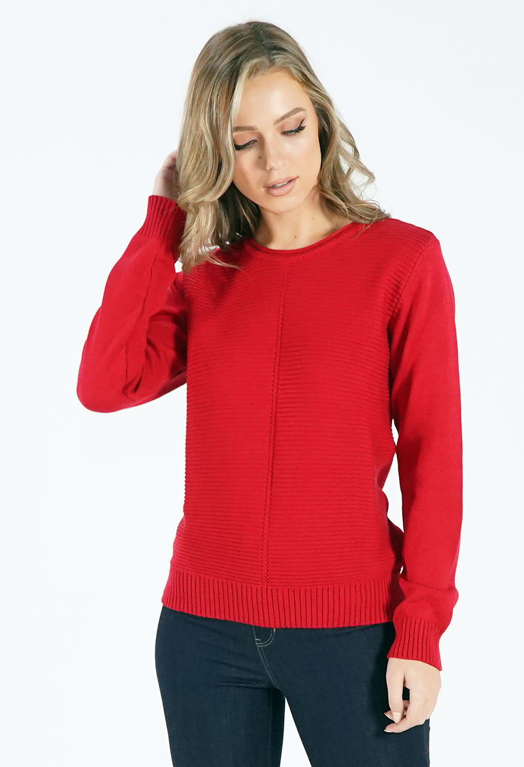 Dark Red Round Neck Knit Jumper