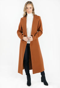 Cognac Wool Mix Longline Coat with Tie Waist