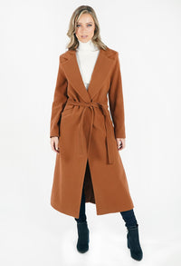 Cognac Wool Mix Longline Coat with Tie Waist