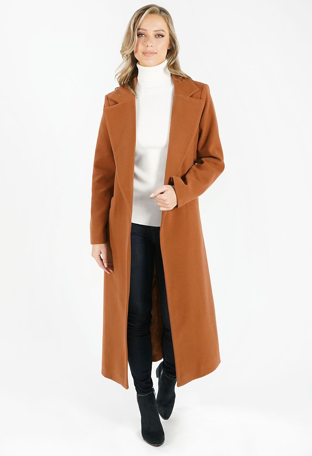 Cognac Wool Mix Longline Coat with Tie Waist