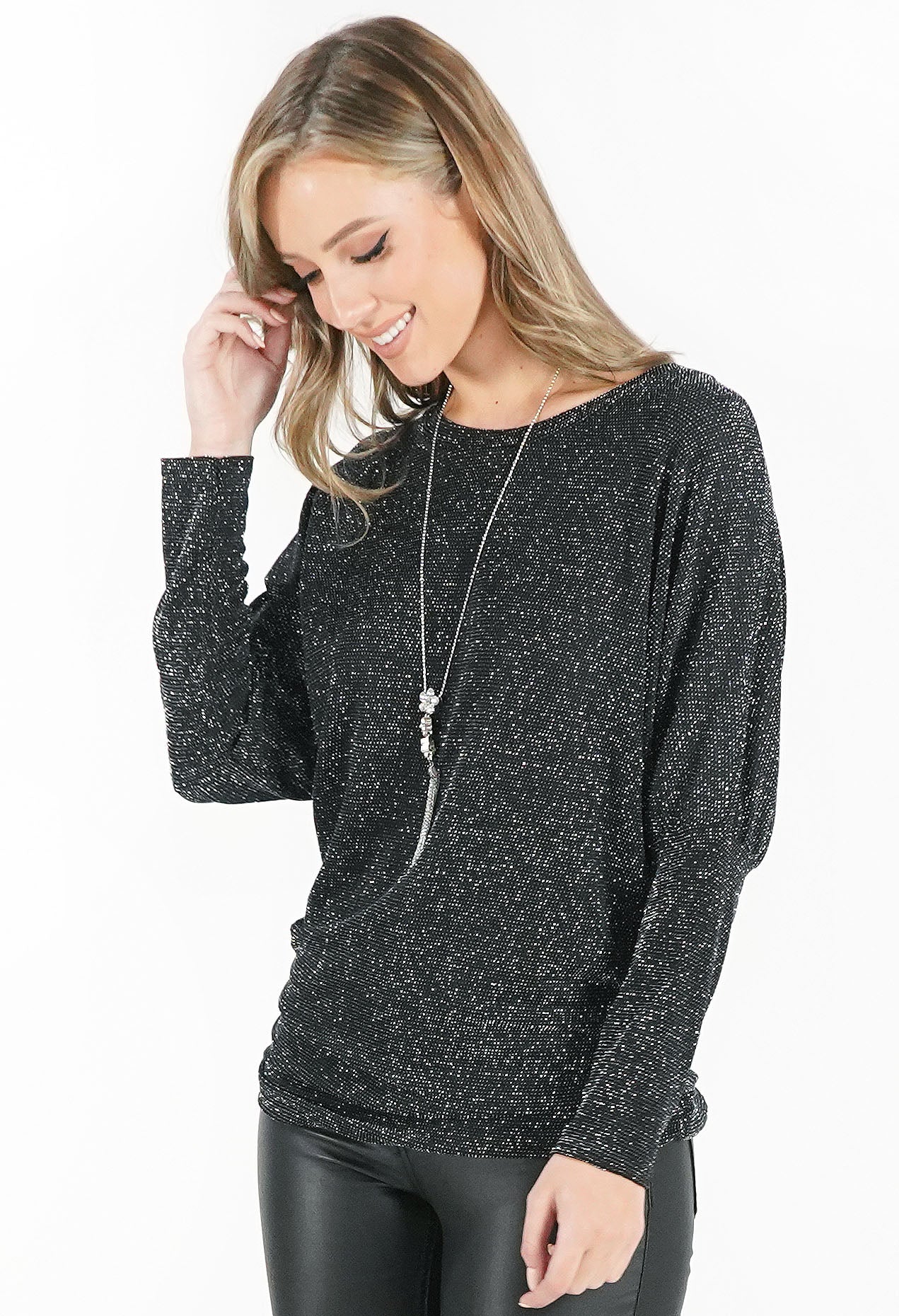 Silver and Black Metallic Top with Necklace