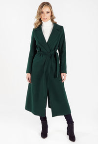 Green Wool Mix Longline Coat with Tie Waist