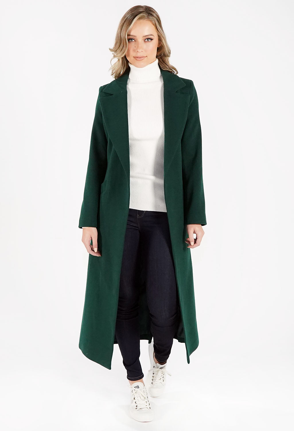 Green Wool Mix Longline Coat with Tie Waist