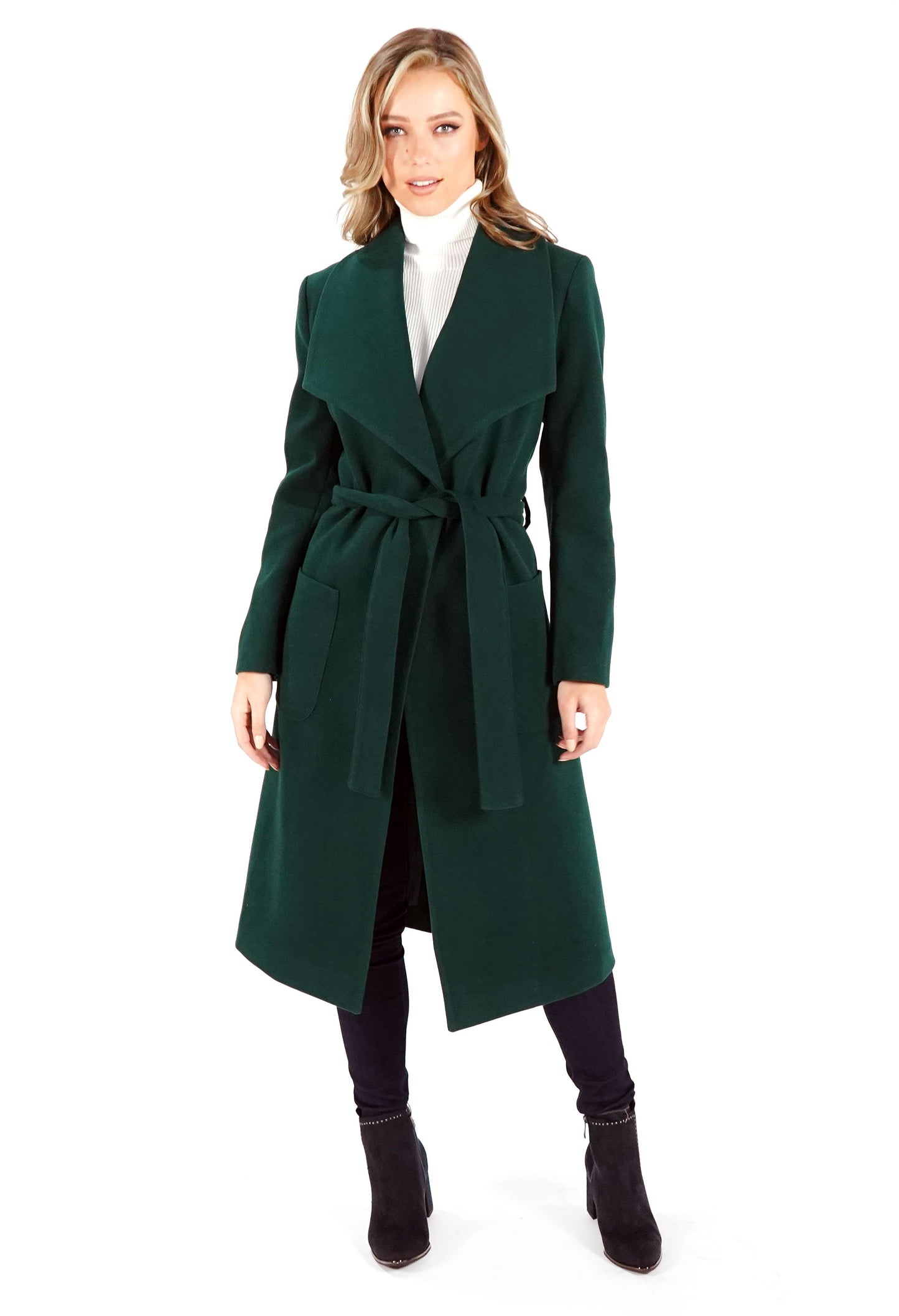 Green Waterfall Front Longline Coat with Tie Waist