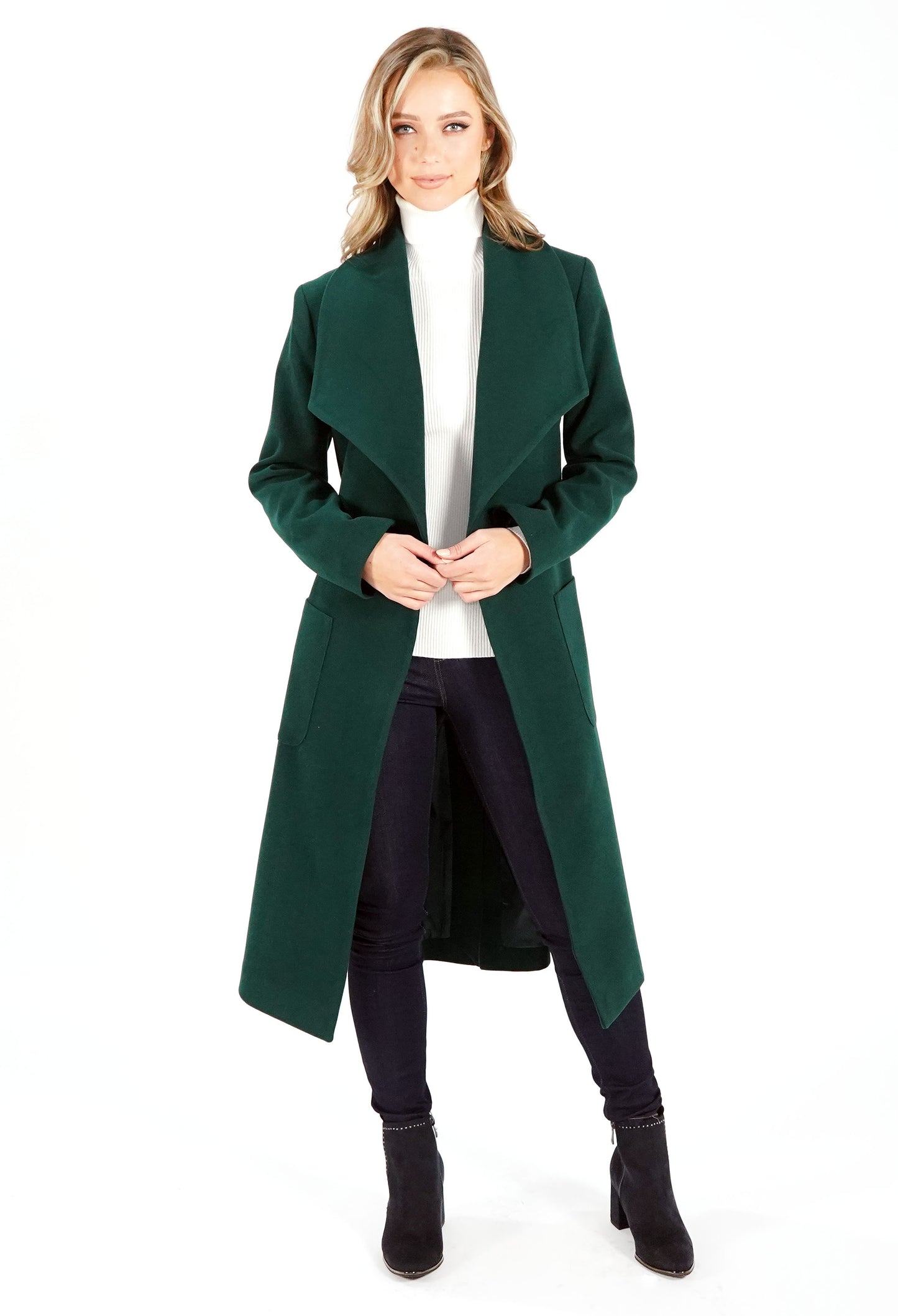 Green Waterfall Front Longline Coat with Tie Waist