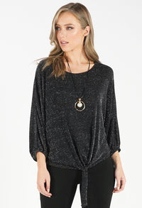 Black Sparkle Tie Waist Top with Necklace