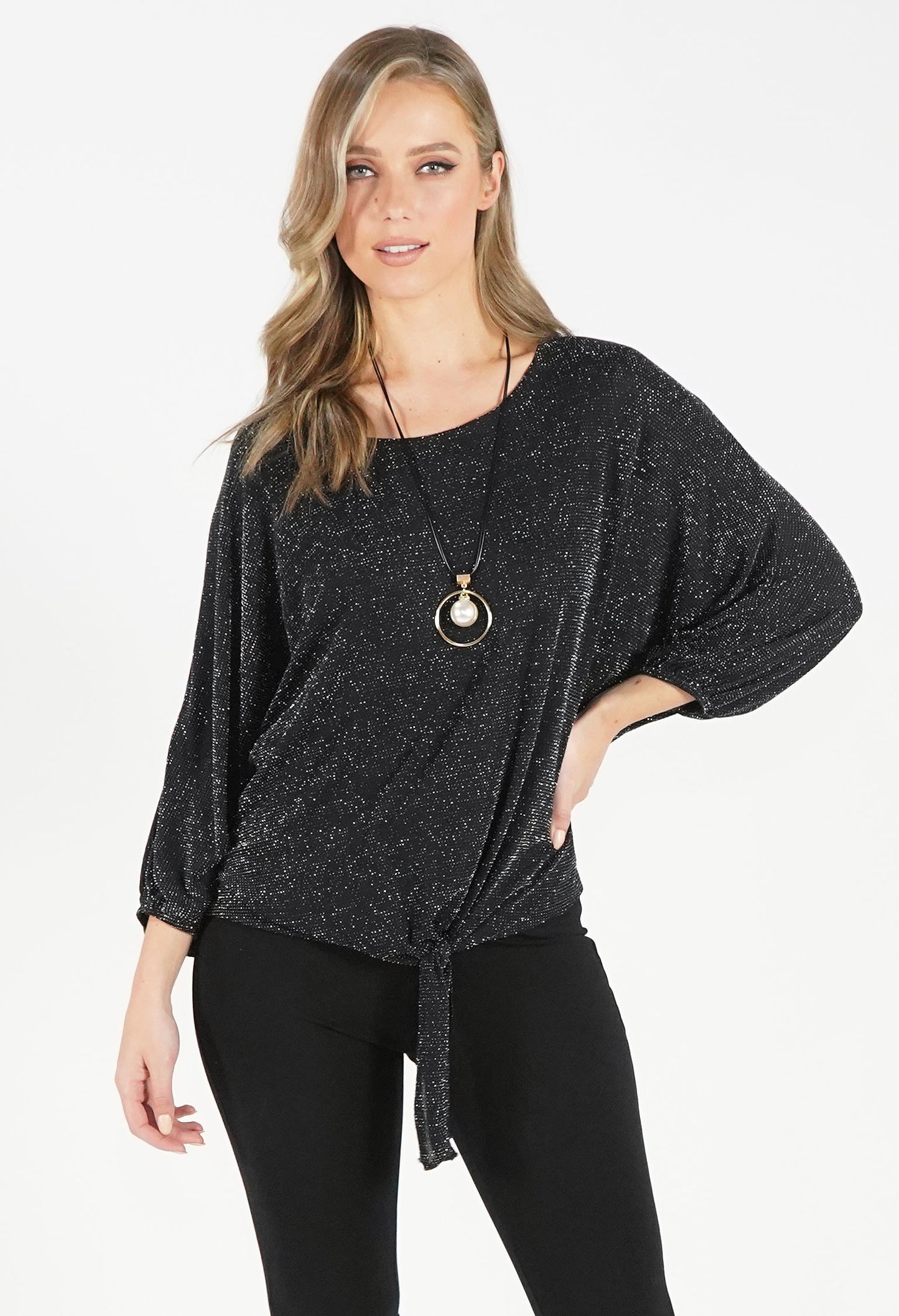 Black Sparkle Tie Waist Top with Necklace