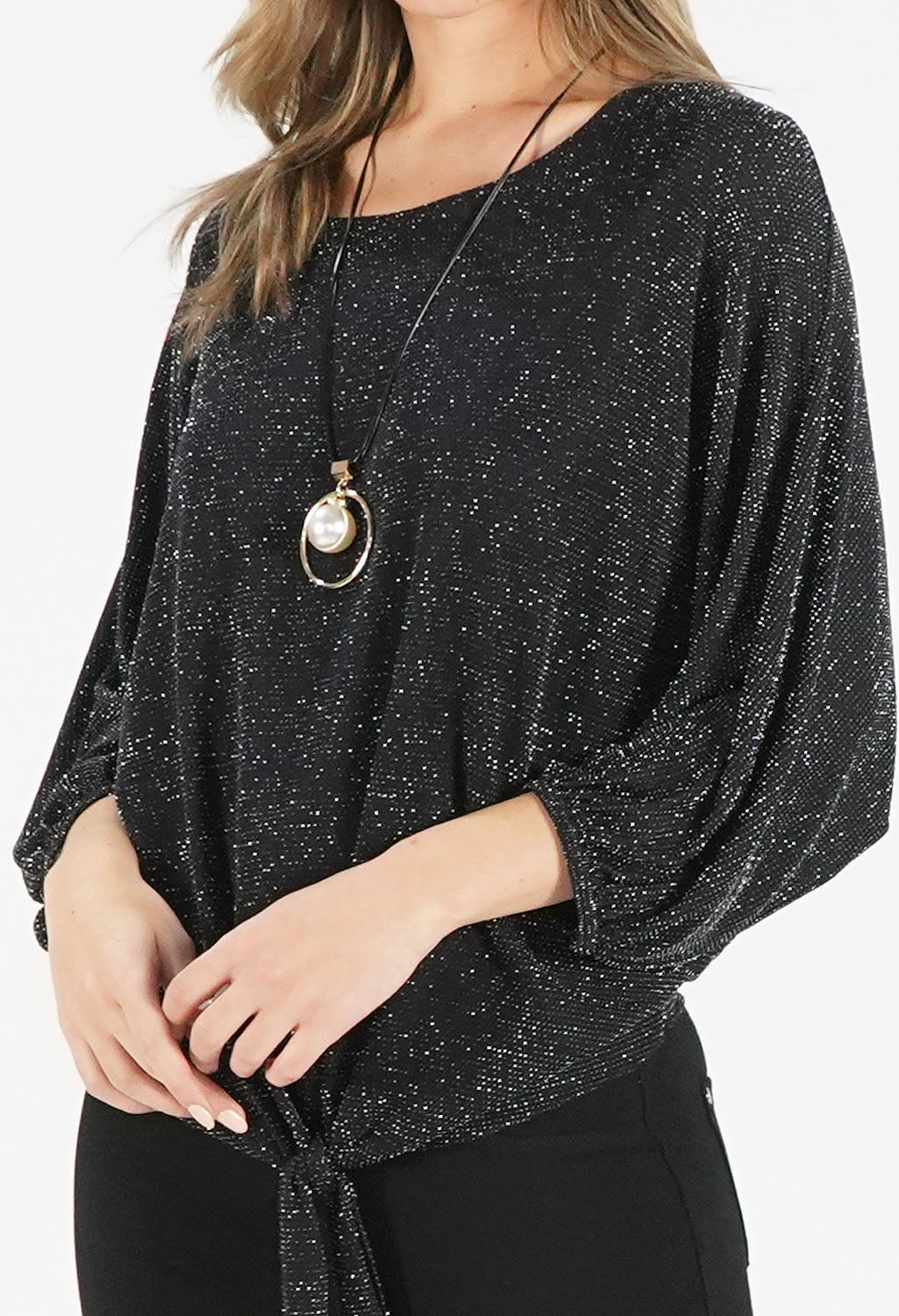 Black Sparkle Tie Waist Top with Necklace