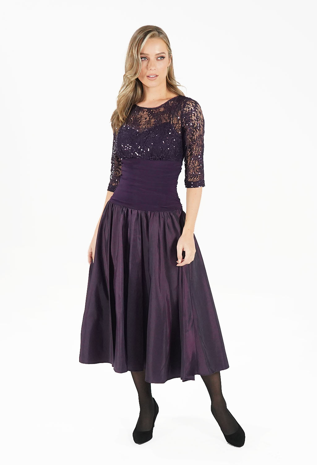 Plum Drop Waist Dress with Lace Top