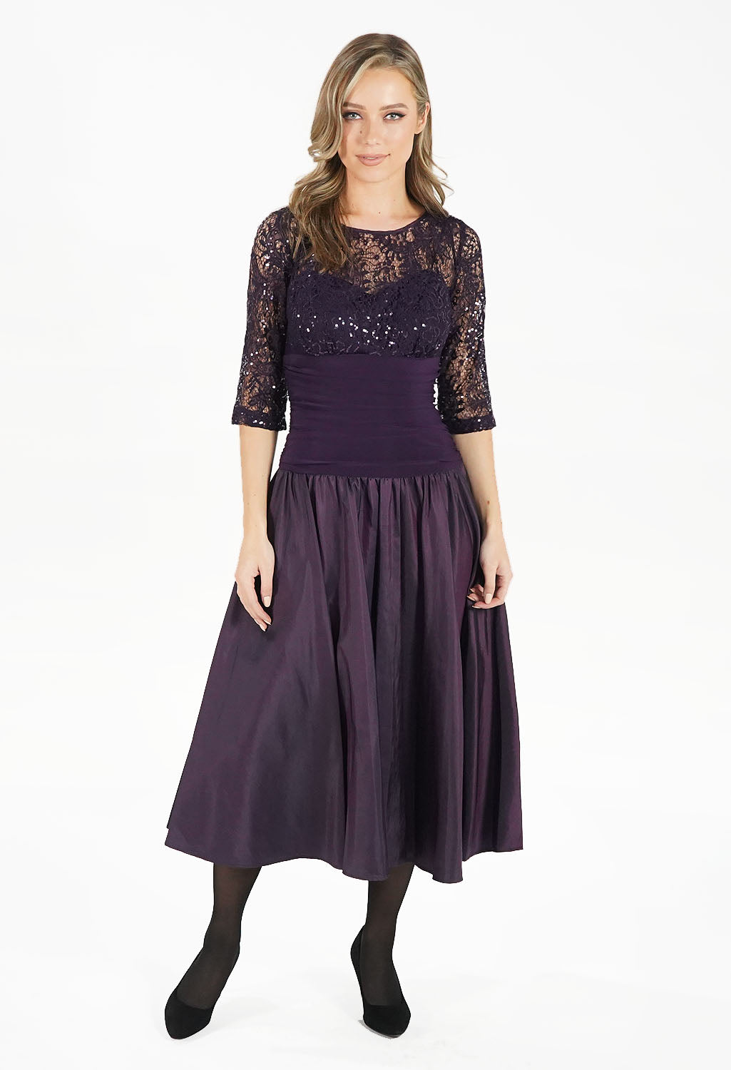 Plum Drop Waist Dress with Lace Top