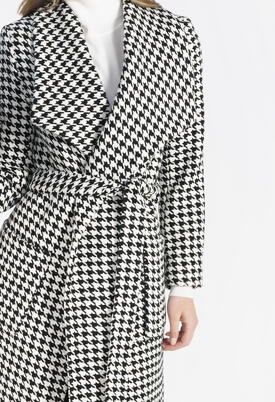 Houndstooth Waterfall Front Coat with Tie Waist