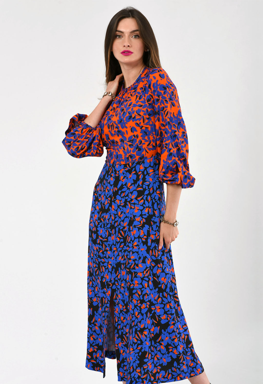 Floral Print Puff Sleeve Midi Dress