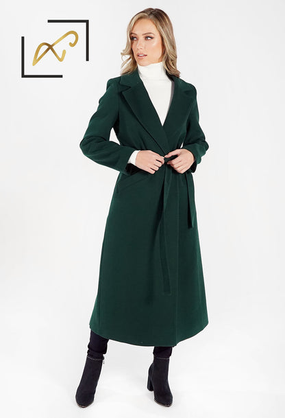 Green Wool Mix Longline Coat with Tie Waist