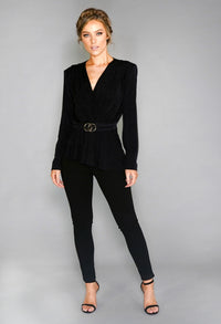 Black Sparkle Top with Belt Detail