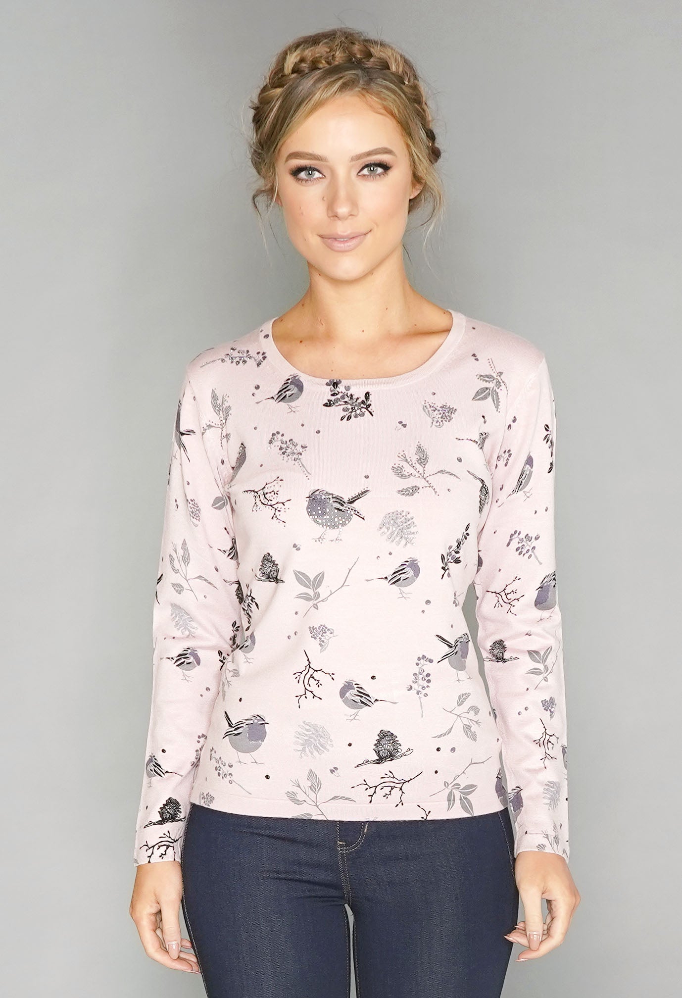 Pink Bird Print Pullover with Diamonte Detail