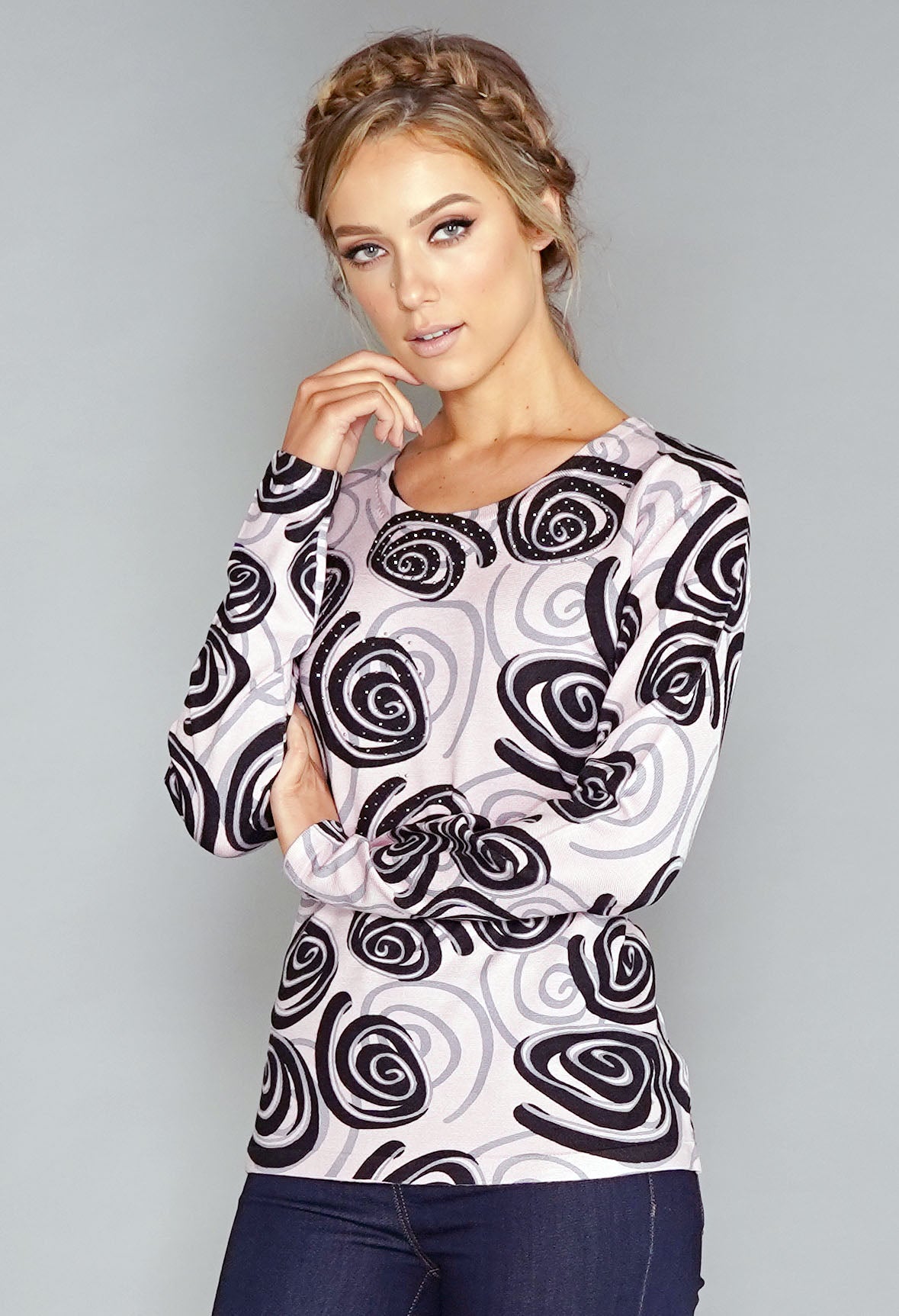 Pink Swirl Print Pullover with Diamonte Detail