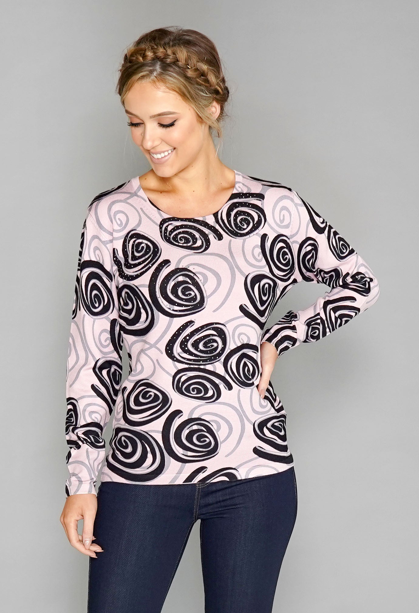 Pink Swirl Print Pullover with Diamonte Detail